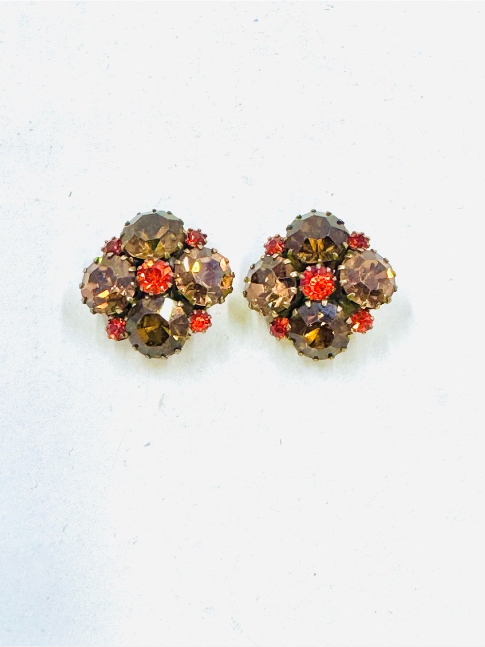 Weiss Vintage Brown and Orange Crystal Cluster Stud Clip On Earrings Fall Autumn